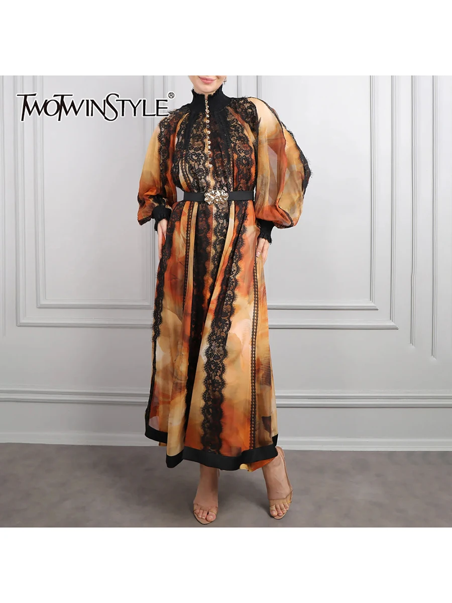 TWOTWINSTYLE Hit Color Spliced Belt Elegant Dresses for Women High Neck Long Sleeves Patchwork Lace Sheer Dress Female Clothing