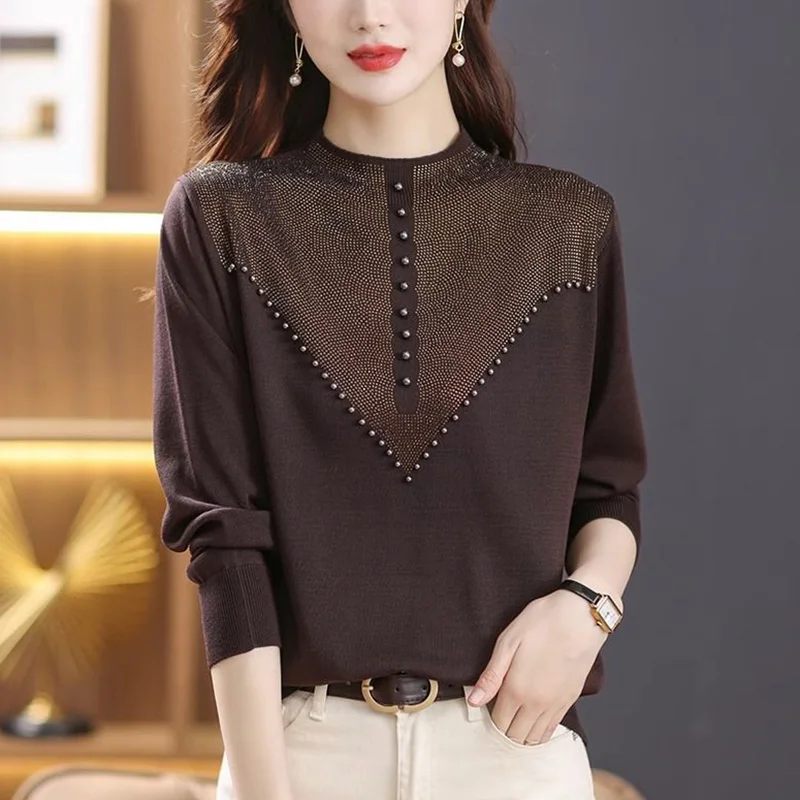 Elegant Solid Color Spliced Diamonds Beading Blouse Women's Clothing 2023 Autumn New Casual Pullovers Loose Office Lady Shirt
