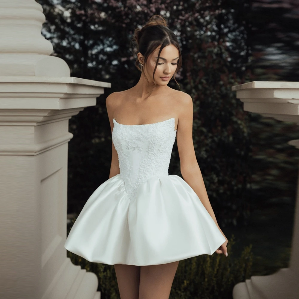 New Arrival Women's White Lace Embroidered Mini Dress Strapless Satin A-Line Evening Party Dress Summer Taffeta Formal Prom Gown