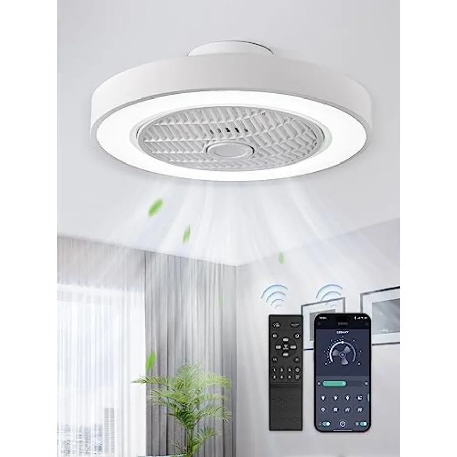 Low Profile Ceiling Fan With Light, Led Bladeless Ceiling Fans, Remote Control Enclosed Flush Mount Ceiling Fan With Timming, 3