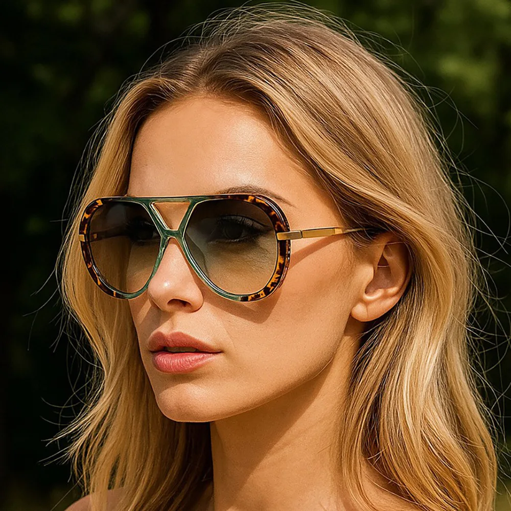 

Fashionable double beam pilot circular sunglasses luxury brand design sunglasses travel driving UV400 unisex large frame glasses