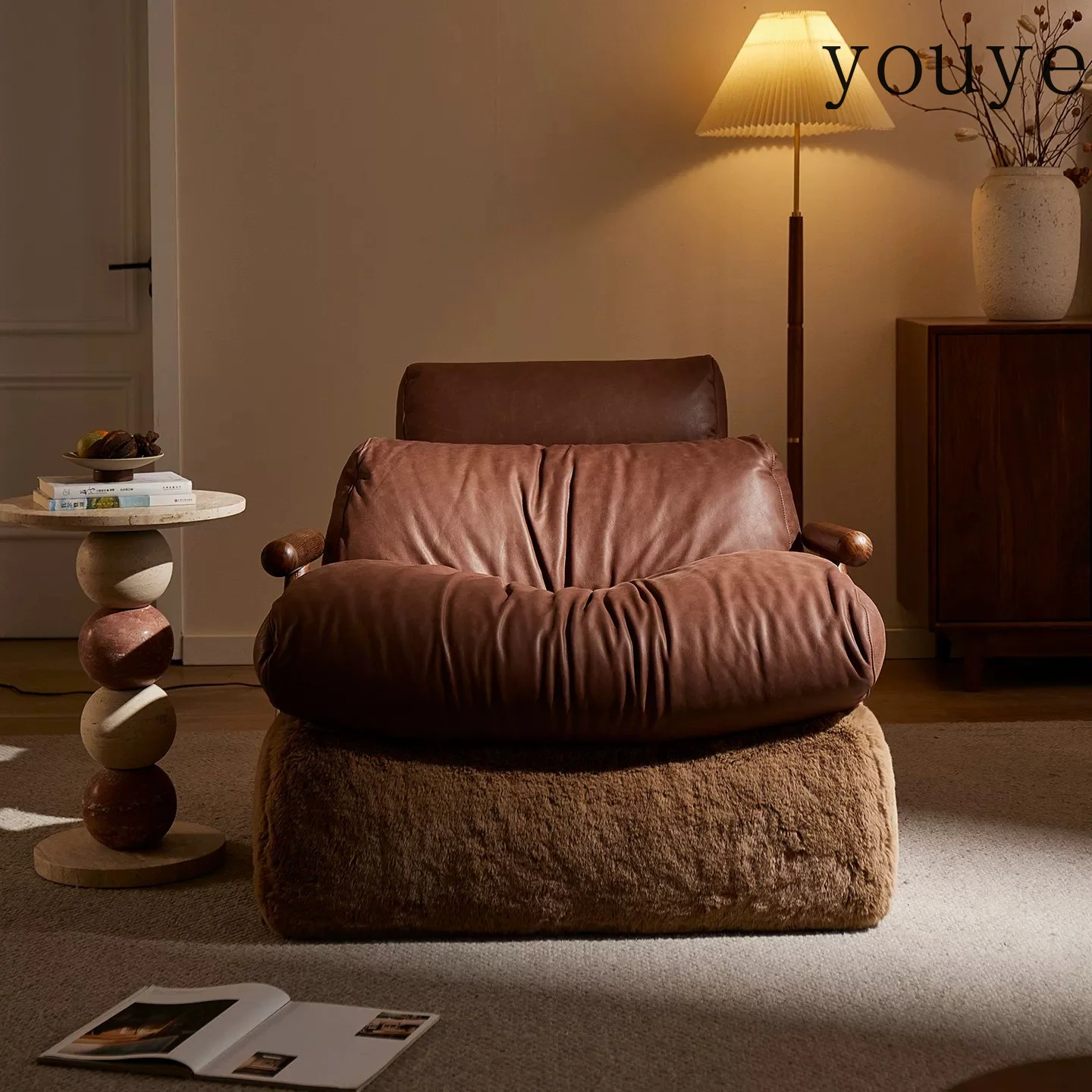 Super comfortable single sofa chair retro style brown leather lazy leisure chair living room sedentary small sofa