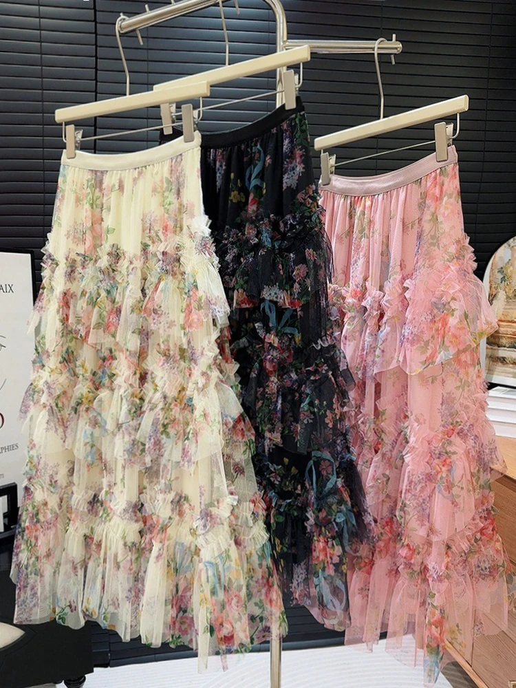 

Women Floral Print Tiered Skirt Summer Elastic Waist Ruffles Mid-Length Mesh Skirts Female Sweet Casual Skirt