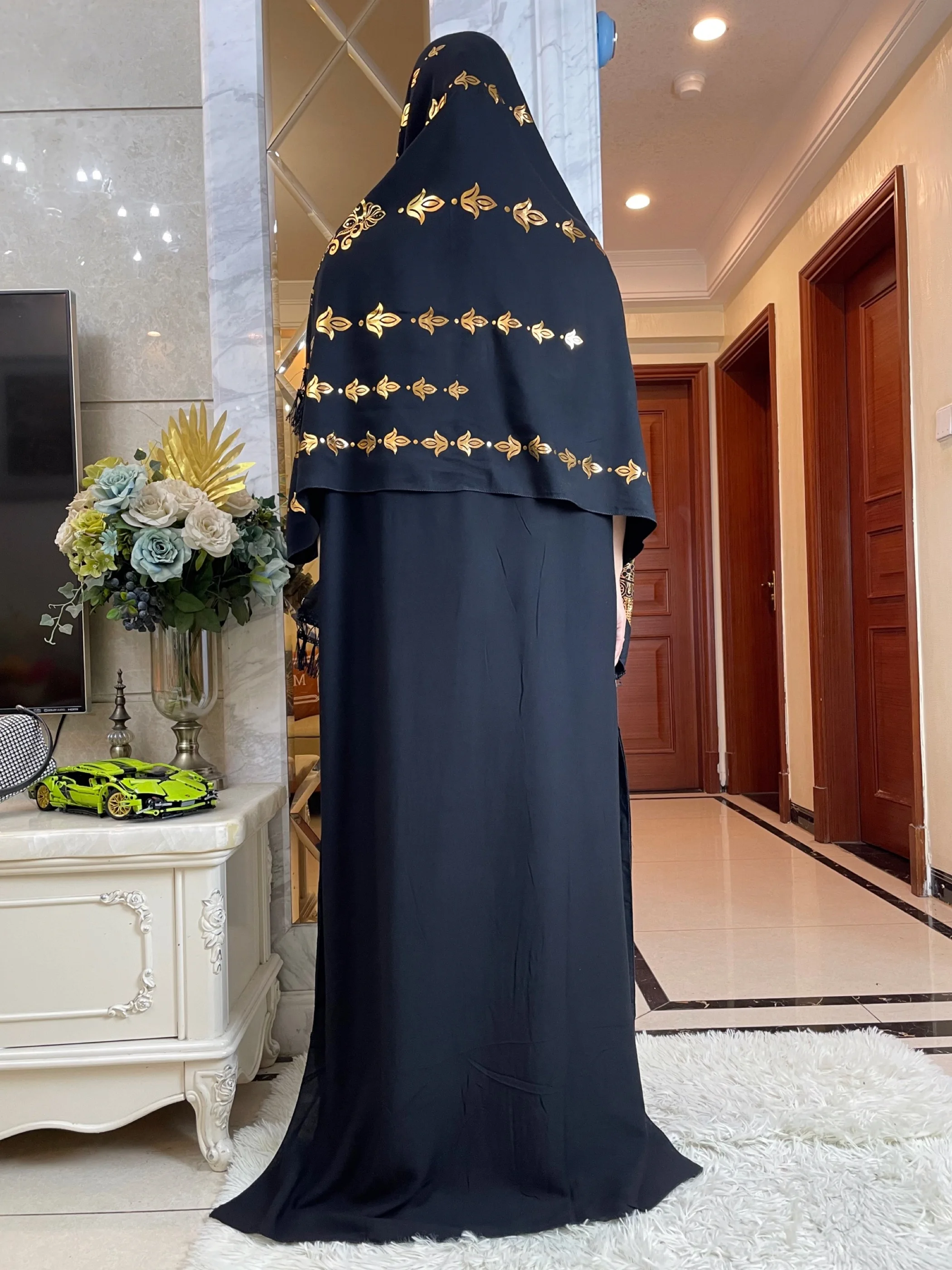 Vestido largo de algodón para mujer, Túnica musulmana de manga corta con estampado dorado, holgada con bufanda grande, Abaya africana, 2024