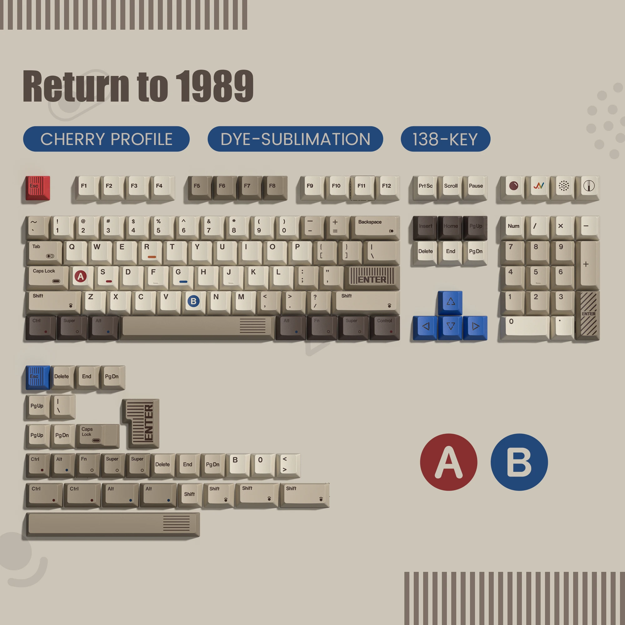 Imagem -02 - Retro Grey Dye Sublimation Pbt Keycaps 138 Chaves Perfil Cereja Teclado do Jogo 1989 Gateron Switches mx