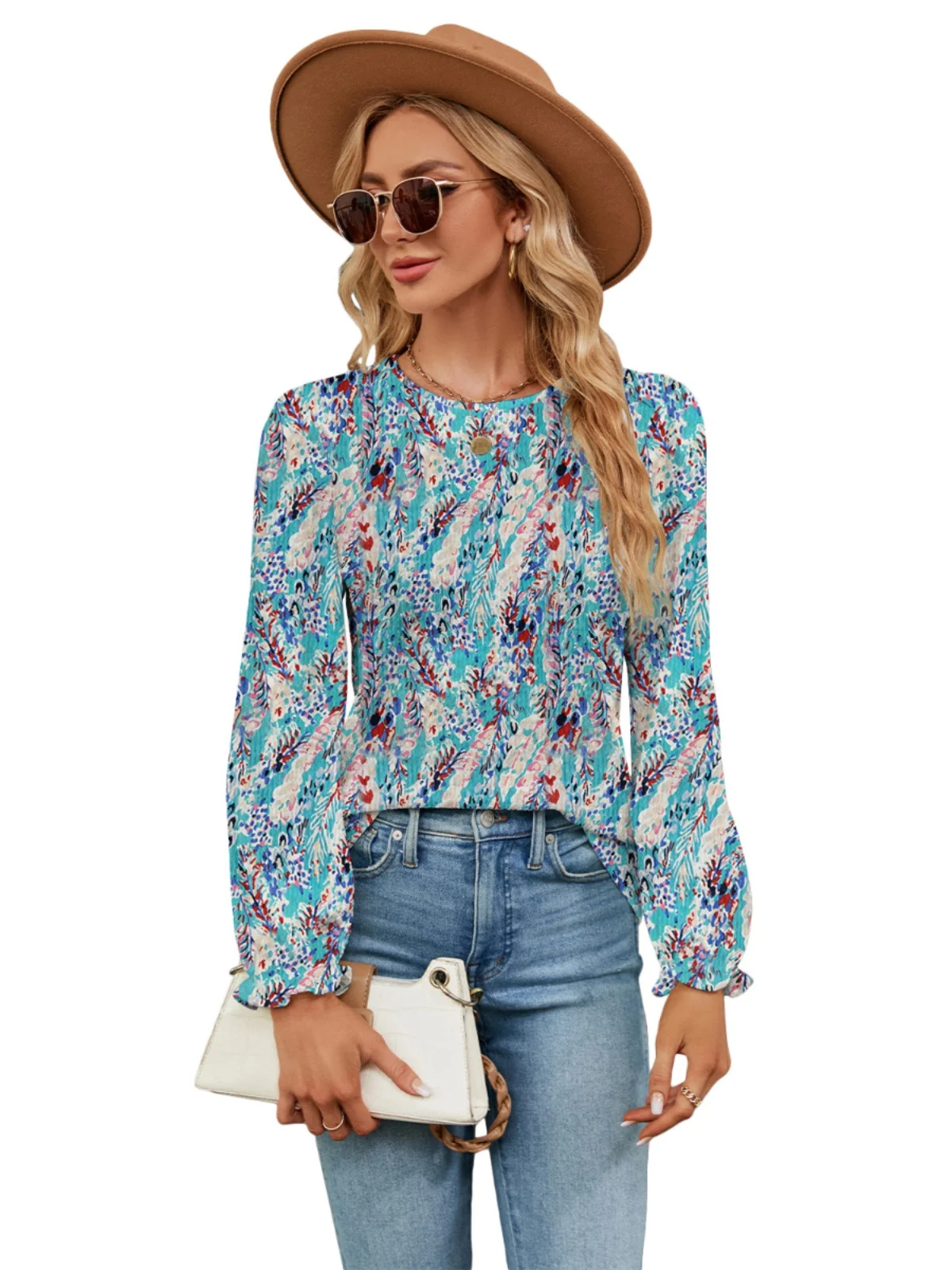 

Loose Long Sve Floral round Ne Top Women's Casual Faion Spring Season Polyester Material Chinese Sle Clothing