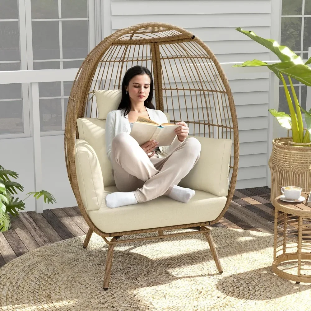 Hanging Egg Chair, 370lbs Capacity Wicker Patio Basket Chairs, All-Weather Oversized Stationary, Outdoor Egg Chair