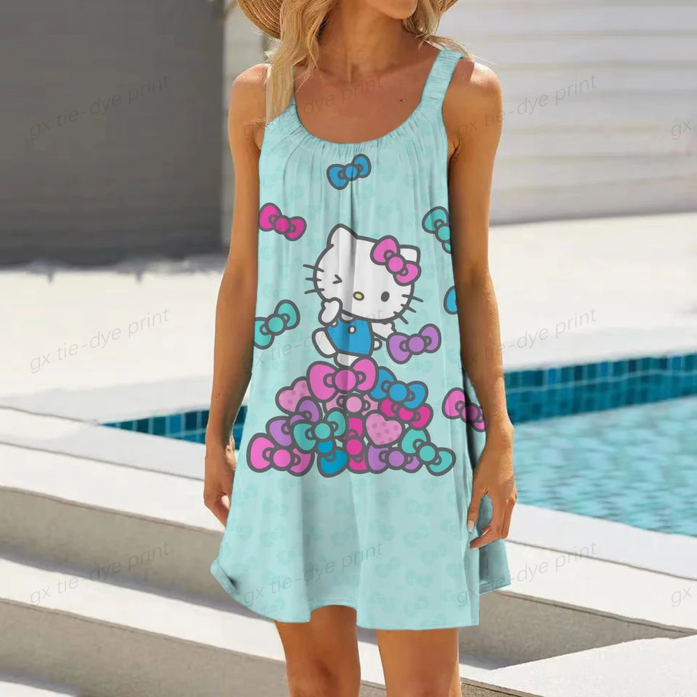 Summer Fashion Bag Hip Beach Party Dress Hello Kitty Printing Cute Cartoon Print senza maniche Sexy Night Club vestito allentato