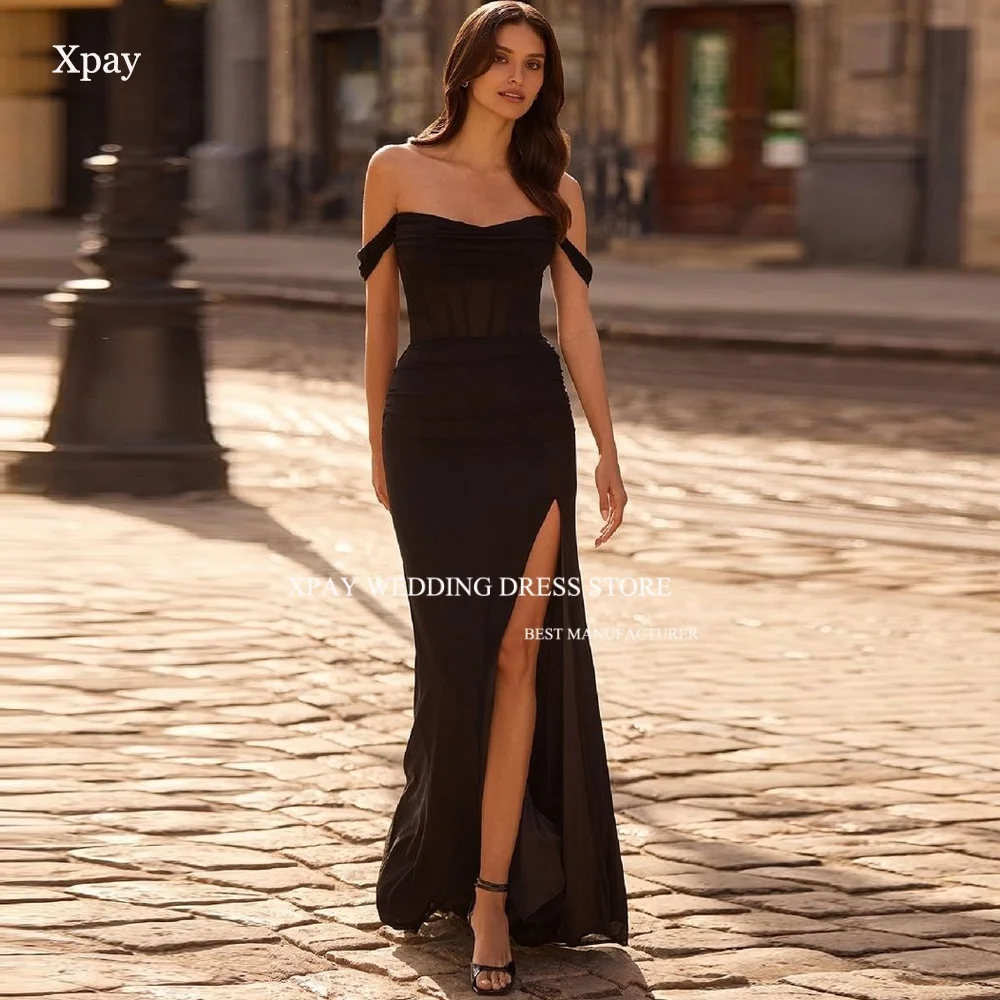 

XPAY Elegant Black Mermaid Wedding Dresses Off Shoulder Bride Wedding Party Gown Customized Side High Slit Robe de marriage