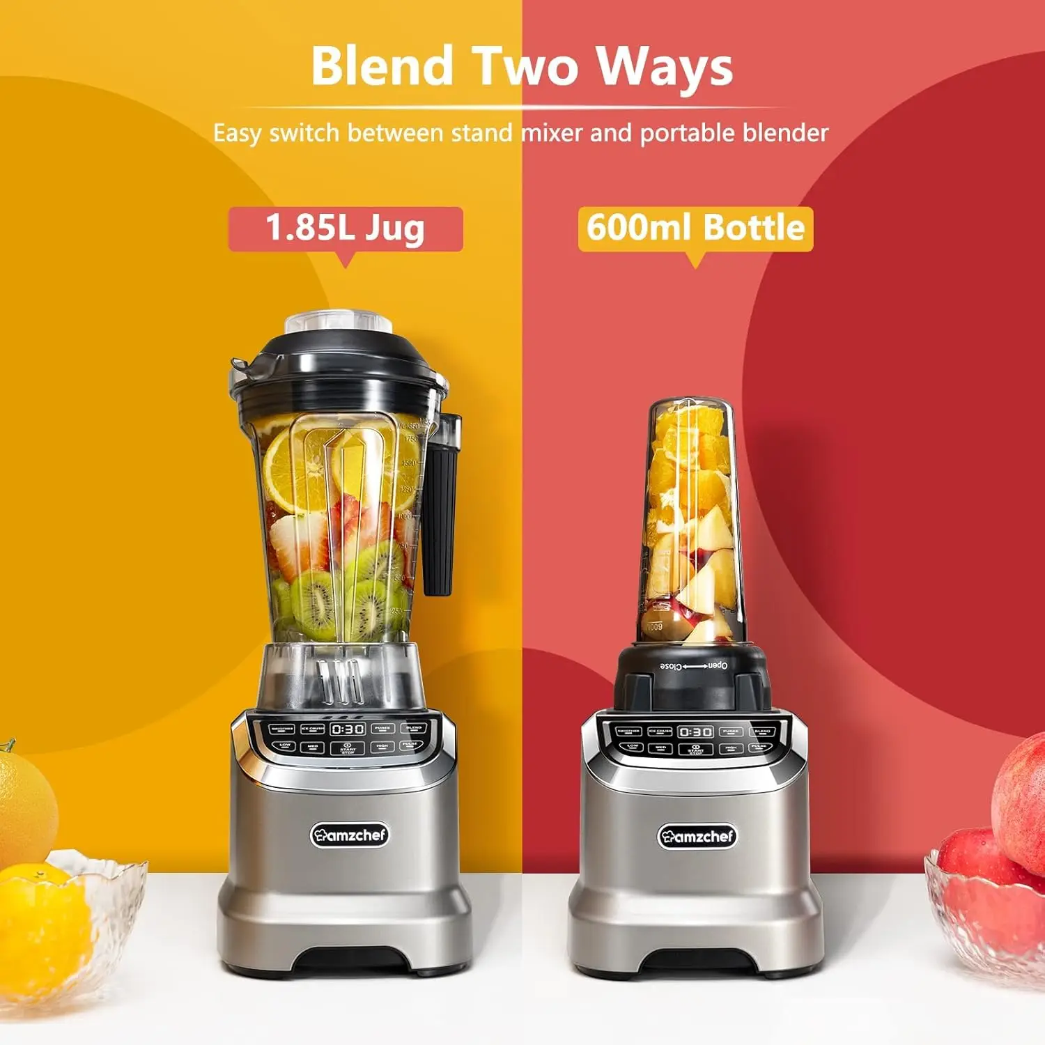 Smoothie Countertop Blender, 1800 W Professional Blender for Kitchen with 600ml Travel bottle, High-Speed Blender for Sh