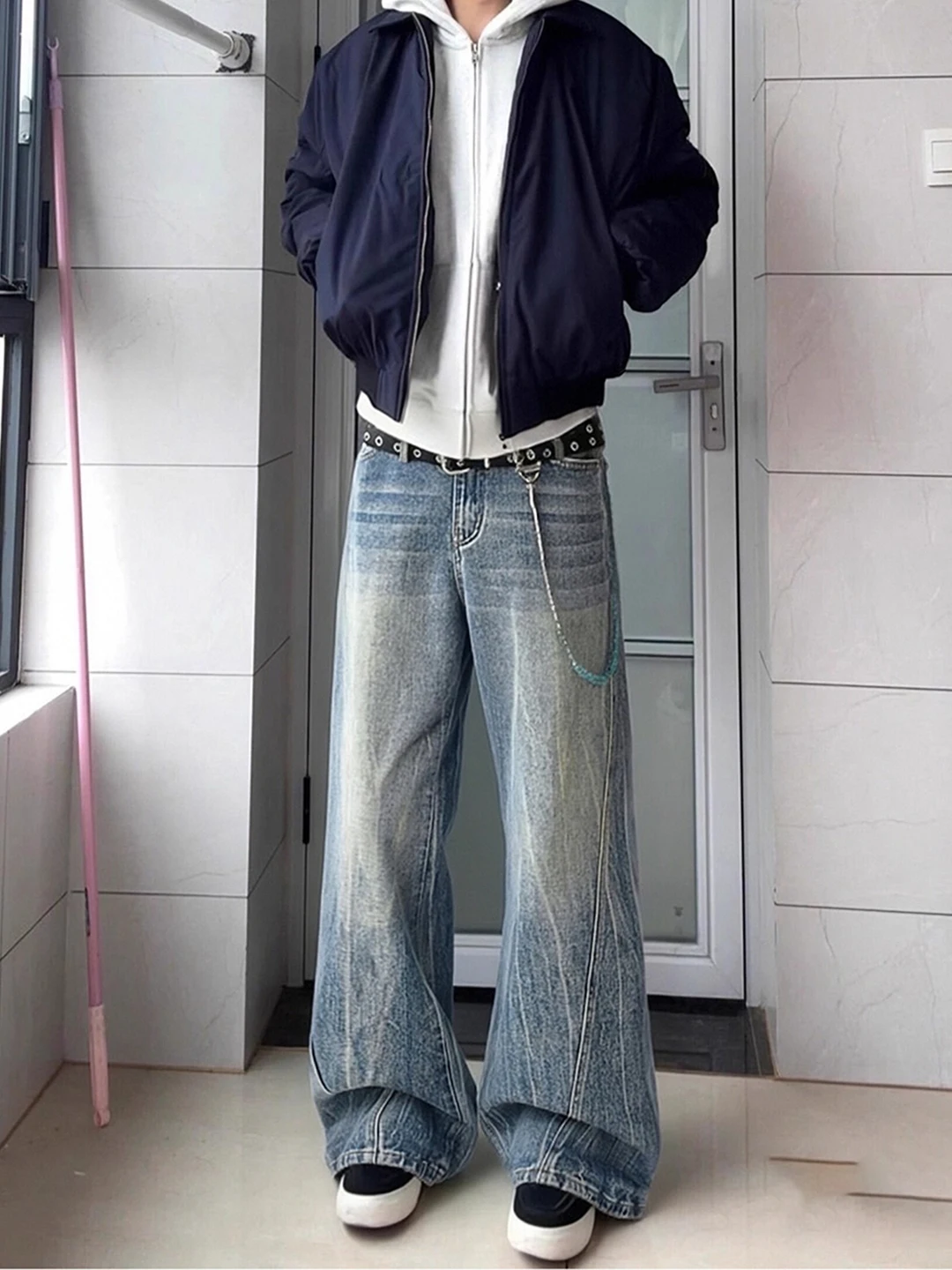 

Мужские широкие джинсы с синим узором в виде молнии, осенне-зимние, в американском стиле, прямого кроя, Cleanfit, повседневные брюки