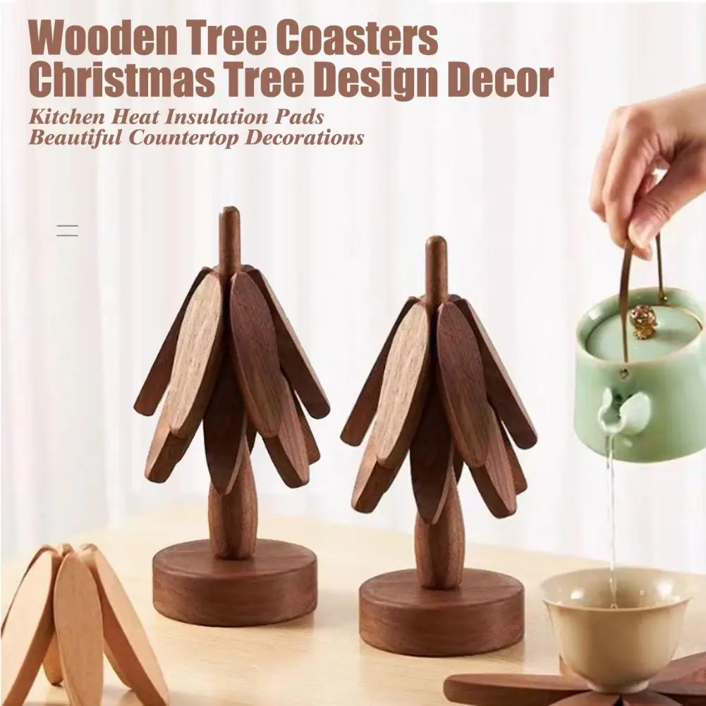 Wooden Tree Coasters Wooden Tree Trivet Set With Stand For Hot Dishes Teapot Non-slip Heat Insulated Coaster Mat Folding Wood