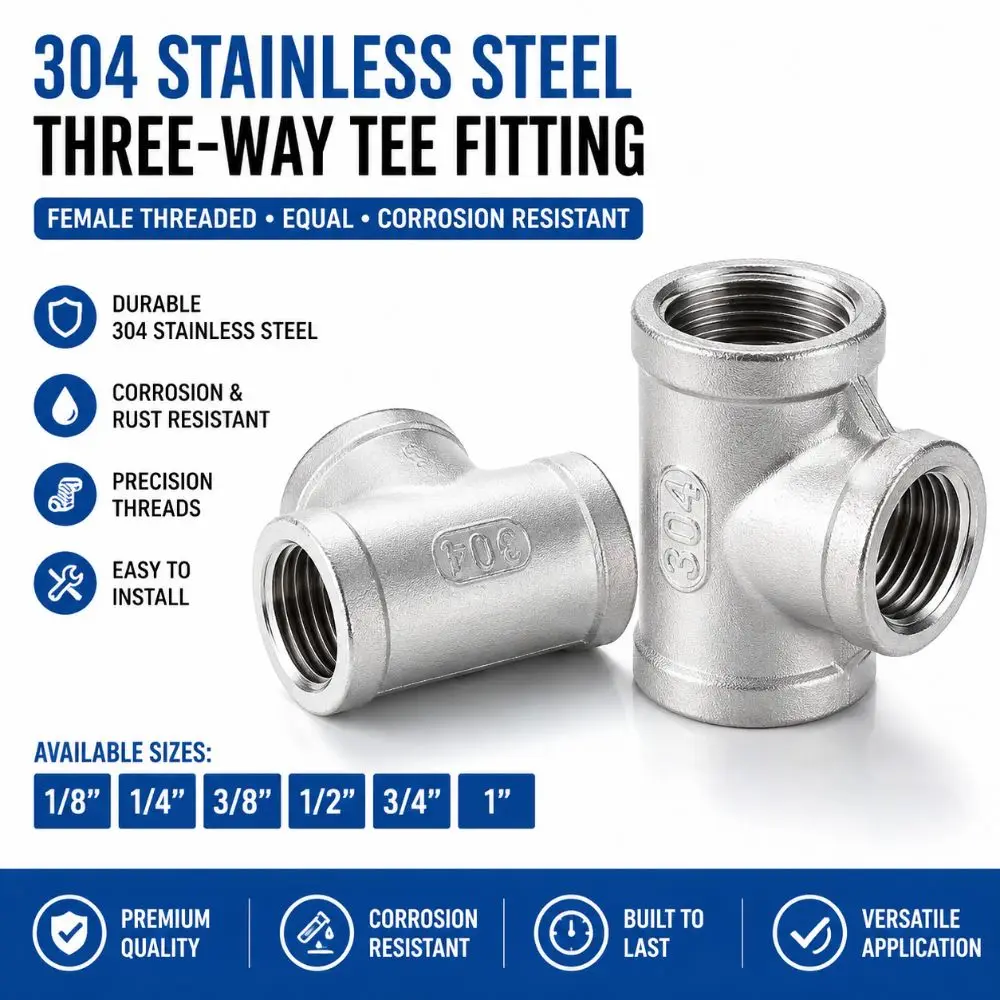304 Stainless Steel Pipe Fitting BSP Female Thread Three-Way Pipe Tee Adapter 1/8