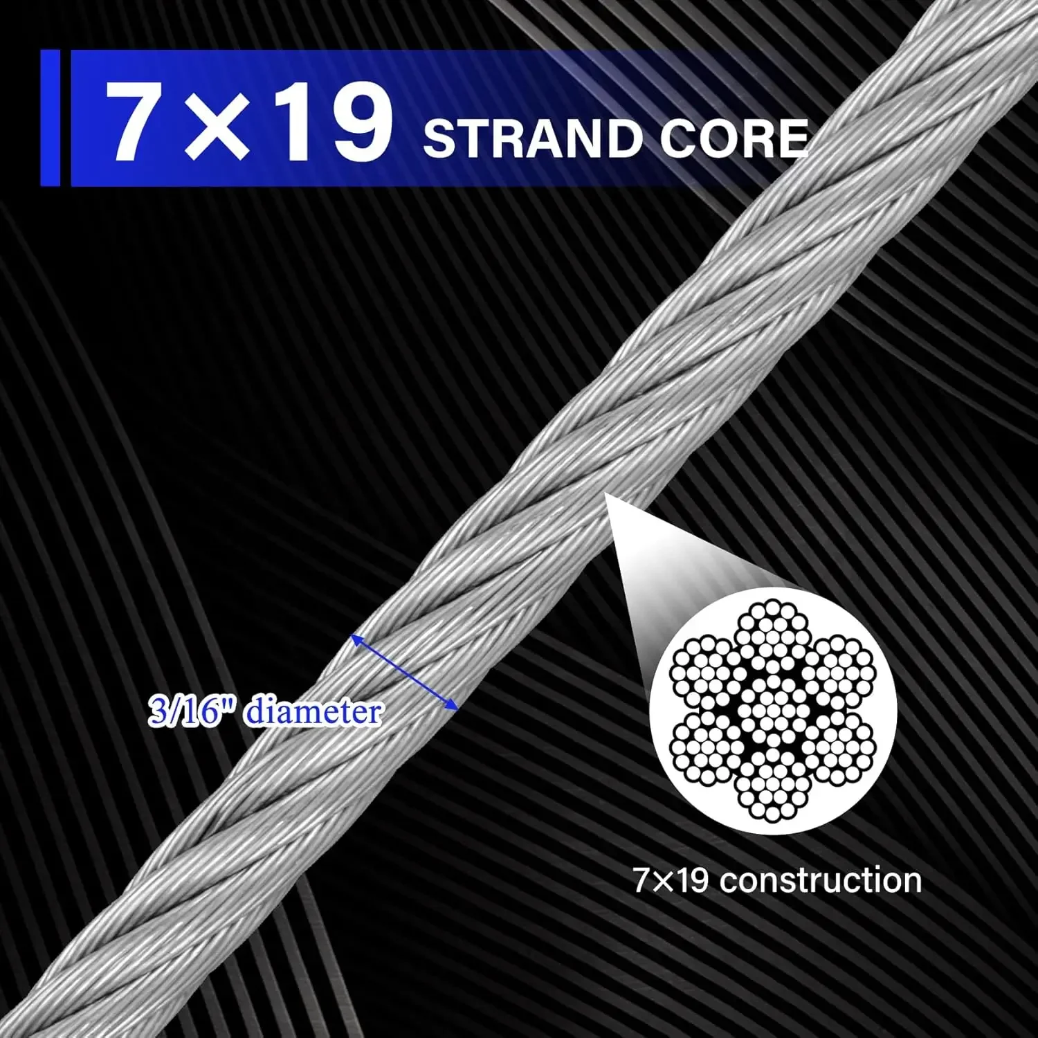 3/16" Stainless Steel Cable, 500ft Wire Rope, 7X19 Strands Aircraft Cable, 3700lbs Breaking Strength, Zip Line for Hea
