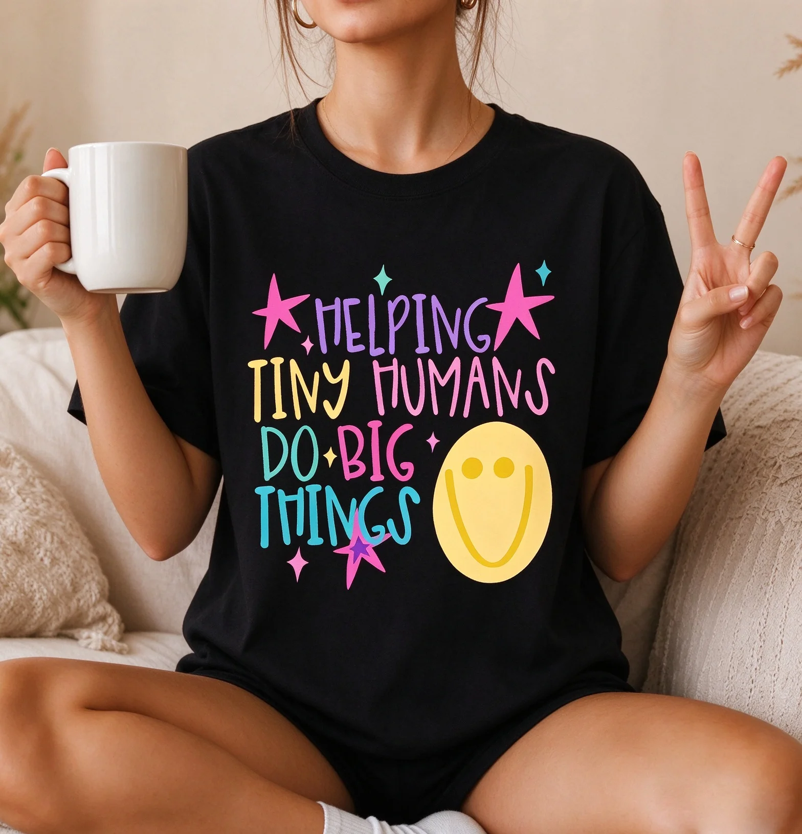 Helping Tiny Humans Do Big Things T-shirt  Colorful Letter Smile Star Print Short Sleeve Casual Cotton Tees Teacher Gift Tops