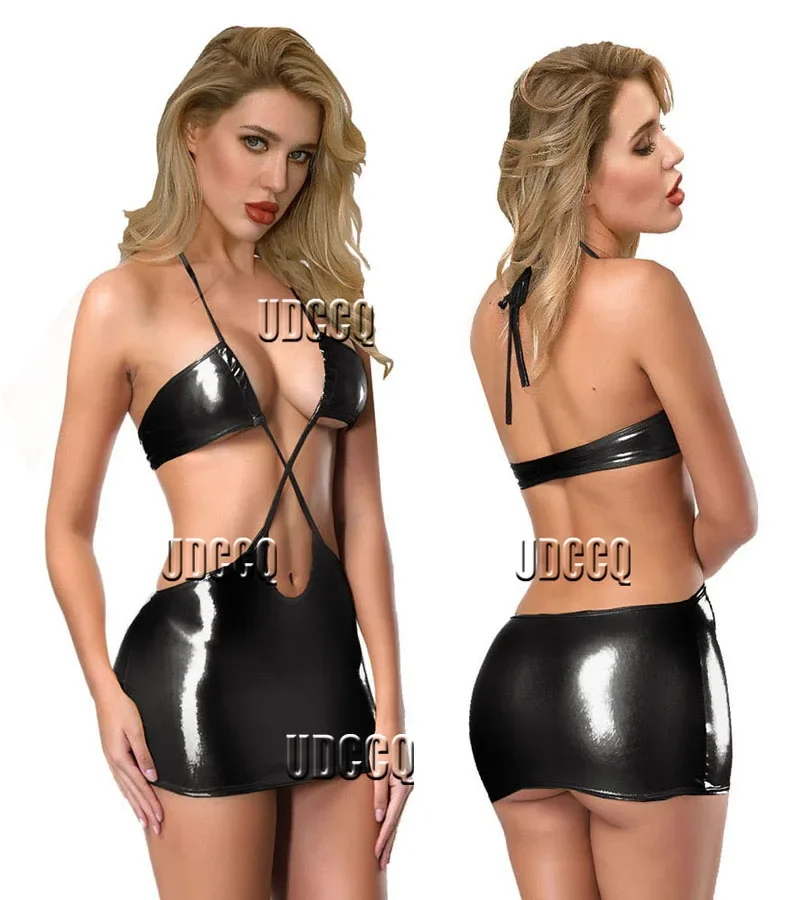 HOT PVC glisten Metallic Faux Leather lingerie Garter costumes underwear babydoll sexy for sex Pole dance Pole dancing nightclub