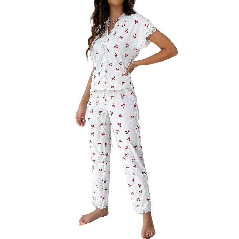 Women Home Wear Cherry Print Water Soluble Embroidery Flared Sleeved Sweatpants for Everyday Wear Lace Pajamas