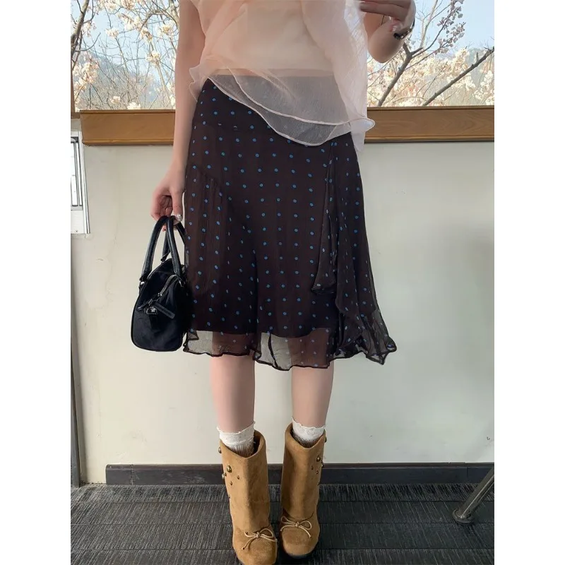 Womens High Waist Polka Dot Print Irregular Ruffle Sheer Chiffon Midi Skirt