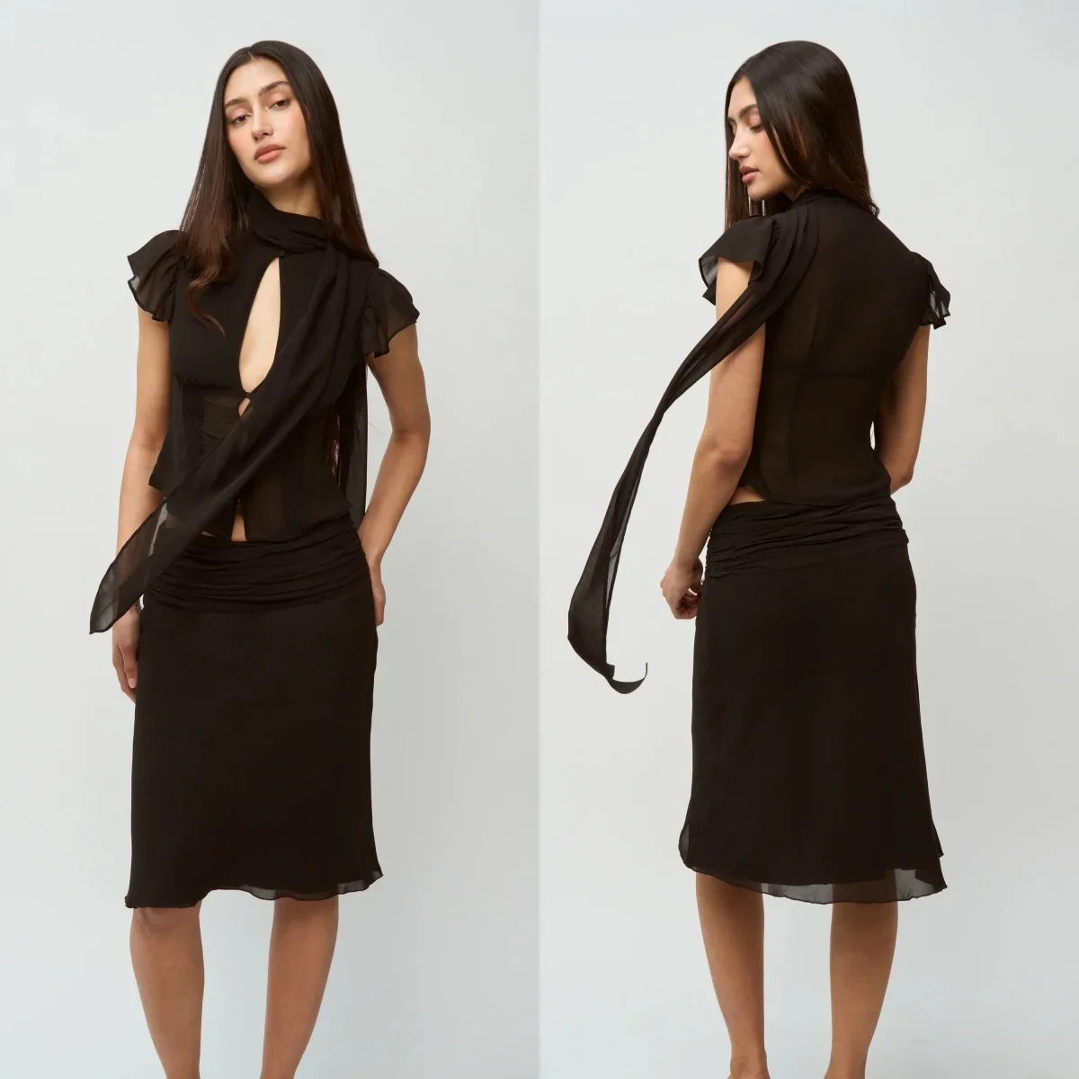 

Комплект Guiz: черный топ с лентами, слегка прозрачная, приятная для кожи ткань, юбка средней длины, шифоновый топ во французском стиле, комплект для милых девушек, комплект с юбкой до колен