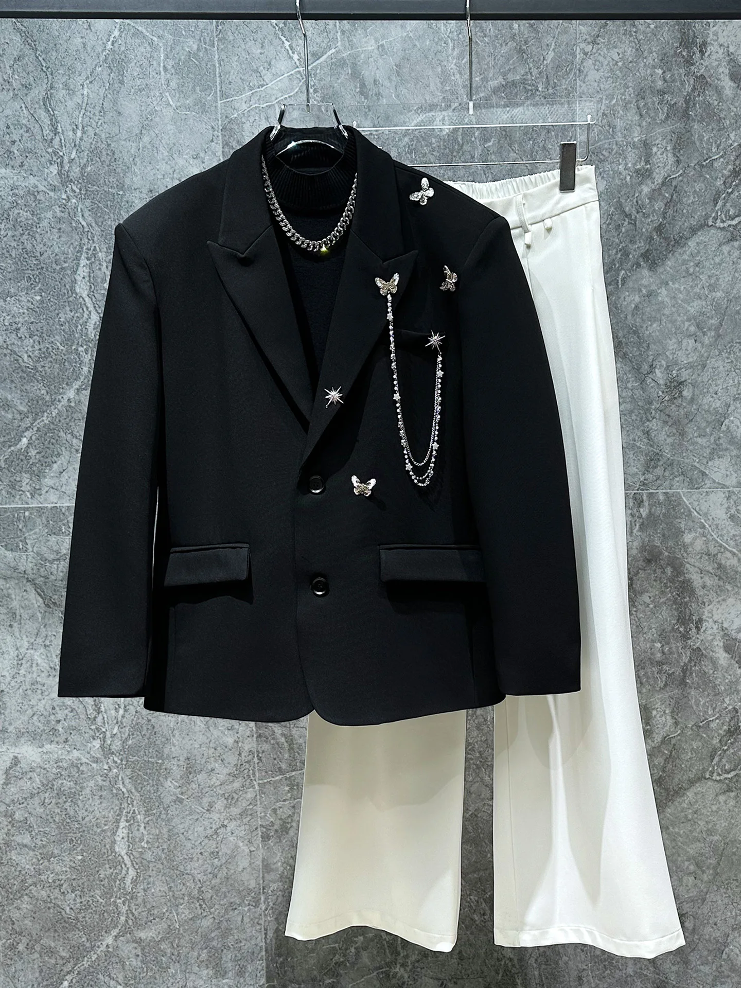 

Bla Padded oulder Suit Jaet Chain Decoration Trendy Men's Faion Design Spring Autumn Loose Fit Long Sve Single Button