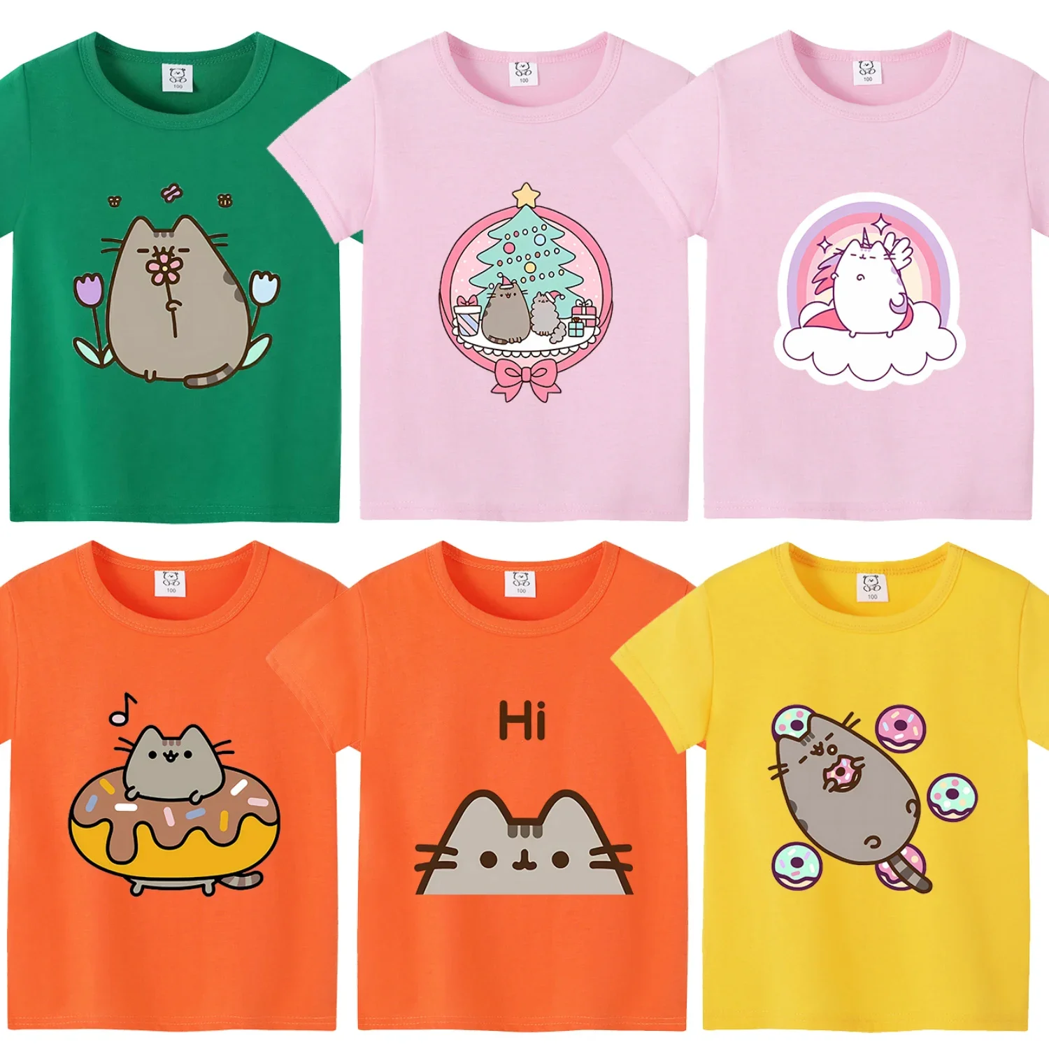 Pusheen-Camiseta de algodón de dibujos animados Kawaii para niños, Top de moda de manga corta, película, ropa suelta, regalo para niños y niñas