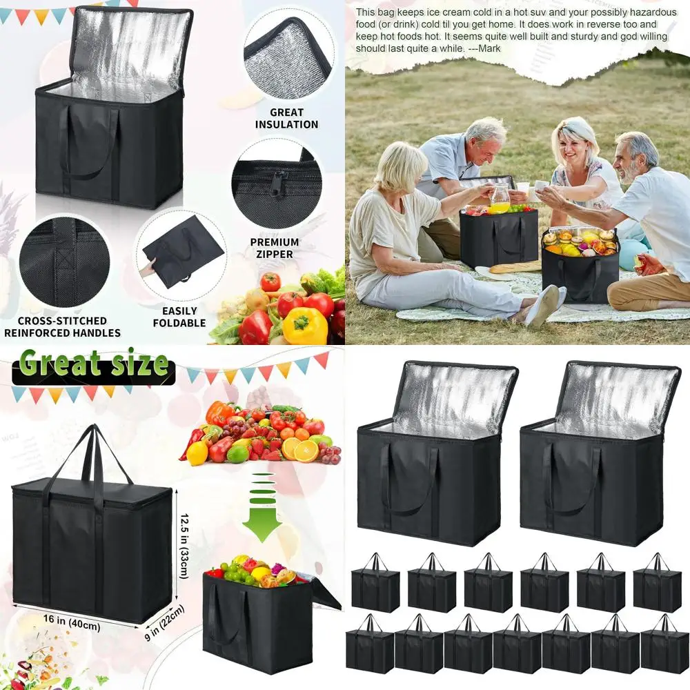 

15-Piece Set of Large Insulated Reusable Grocery Bags with Zipper and Handles, Washable Cooler Totes for Hot or Cold Food Delive