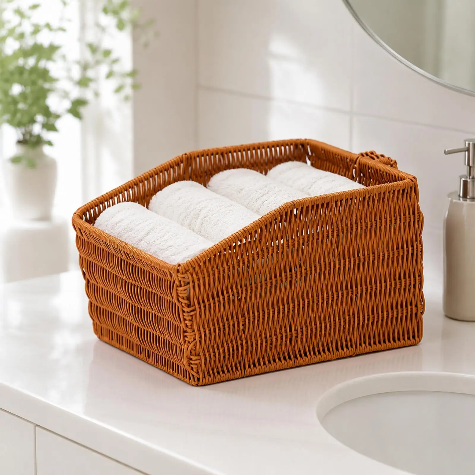 Rattan-Style Storage Basket with Side Handles Versatile Open-Top Woven Paper Basket Sturdy Structured Braided Container Bin for