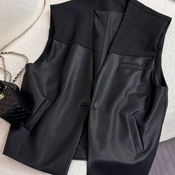 Leather Patchwork Vest For Women Cardigans Y2K Retro Oversized Leather Clothing Outerwear Blazer Jackets Leather Vests Tops