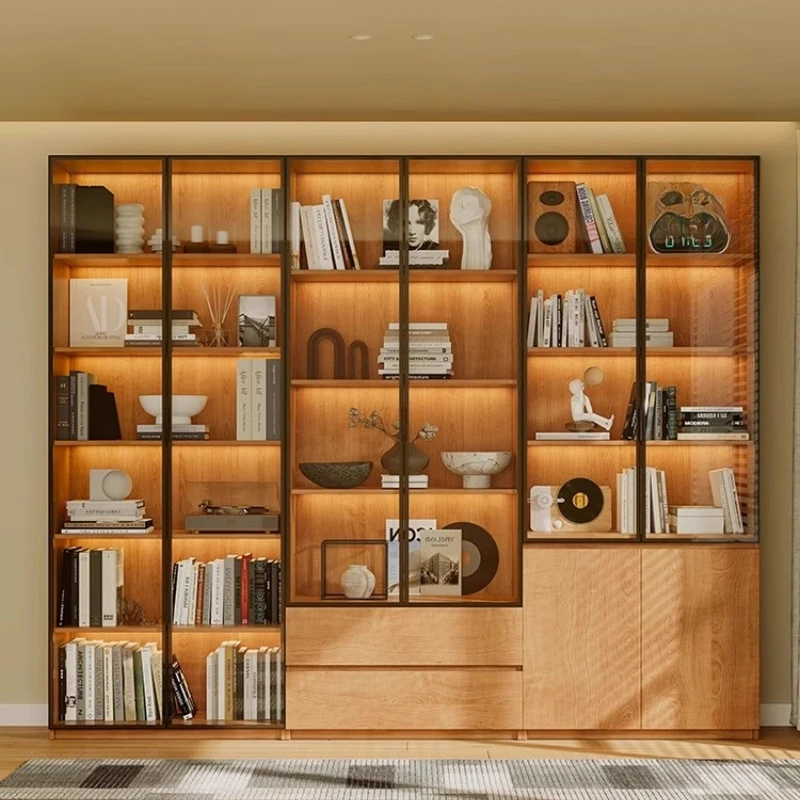 

Solid wood bookcase locker integrated household living room wall display cabinet shelf with glass door