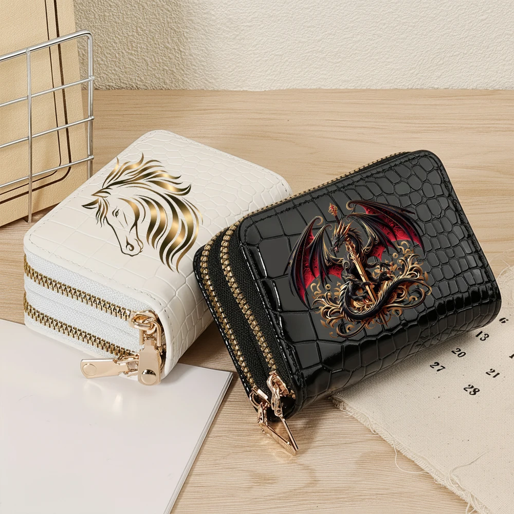 Horse Dragon Black White Cards Wallet Secure Double Zip Clutch PU-Leder-Geldbörse mit Kartenfächern Cartoon-Aufbewahrungskartentasche