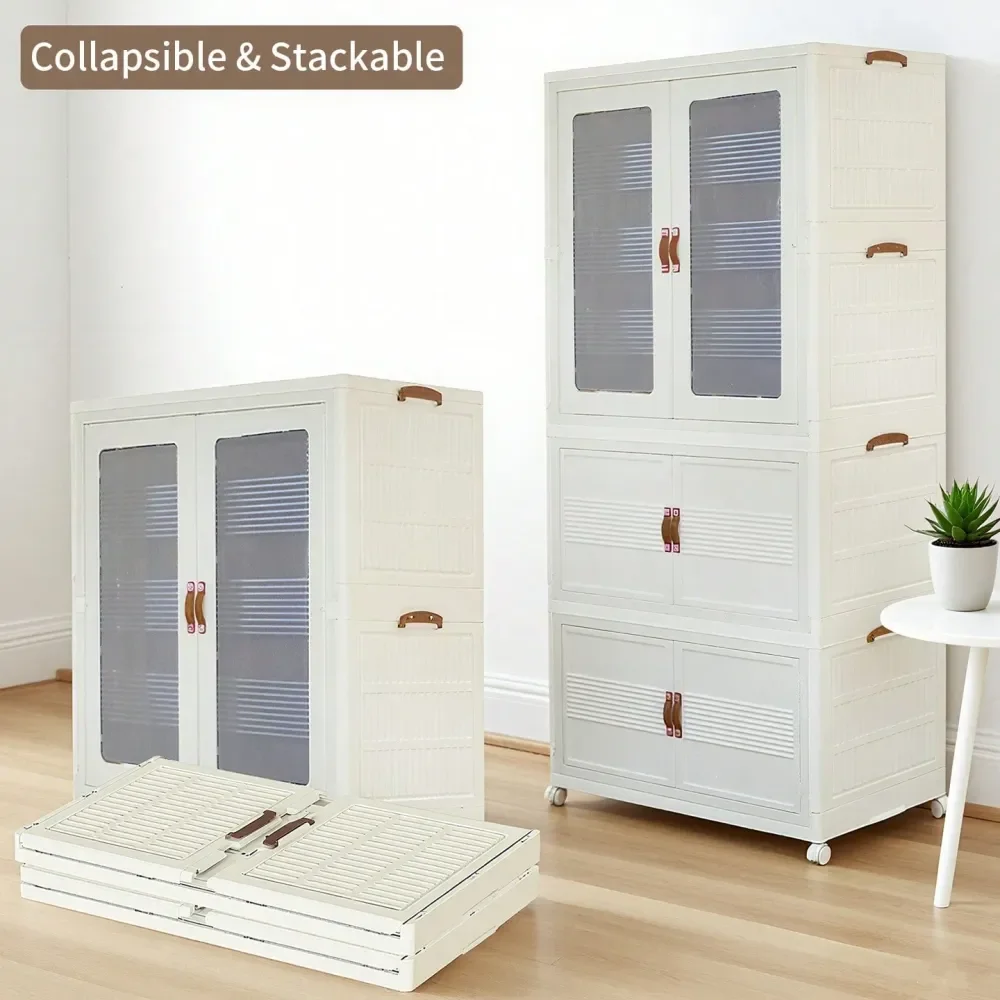 

Closet Wardrobe, Folding Storage Bins With Lid, Stackable Storage Box With Hanging Rod And Doors, Collapsible Plastic Clothes C