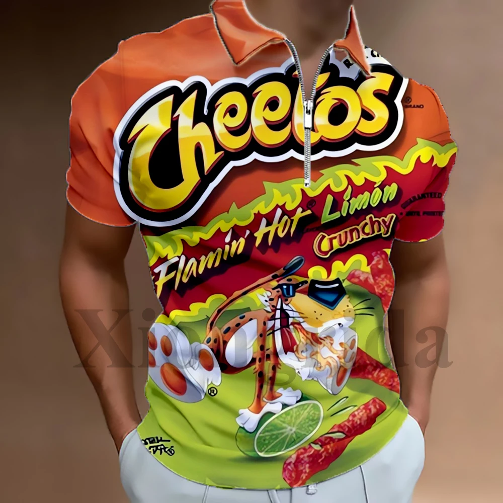 

Novelty Hot Cheetos Food Puffs Polo Shirt Zip Lapel 3D Printed Polo Shirt Short Sleeve Polo Neck T-shirts Summer