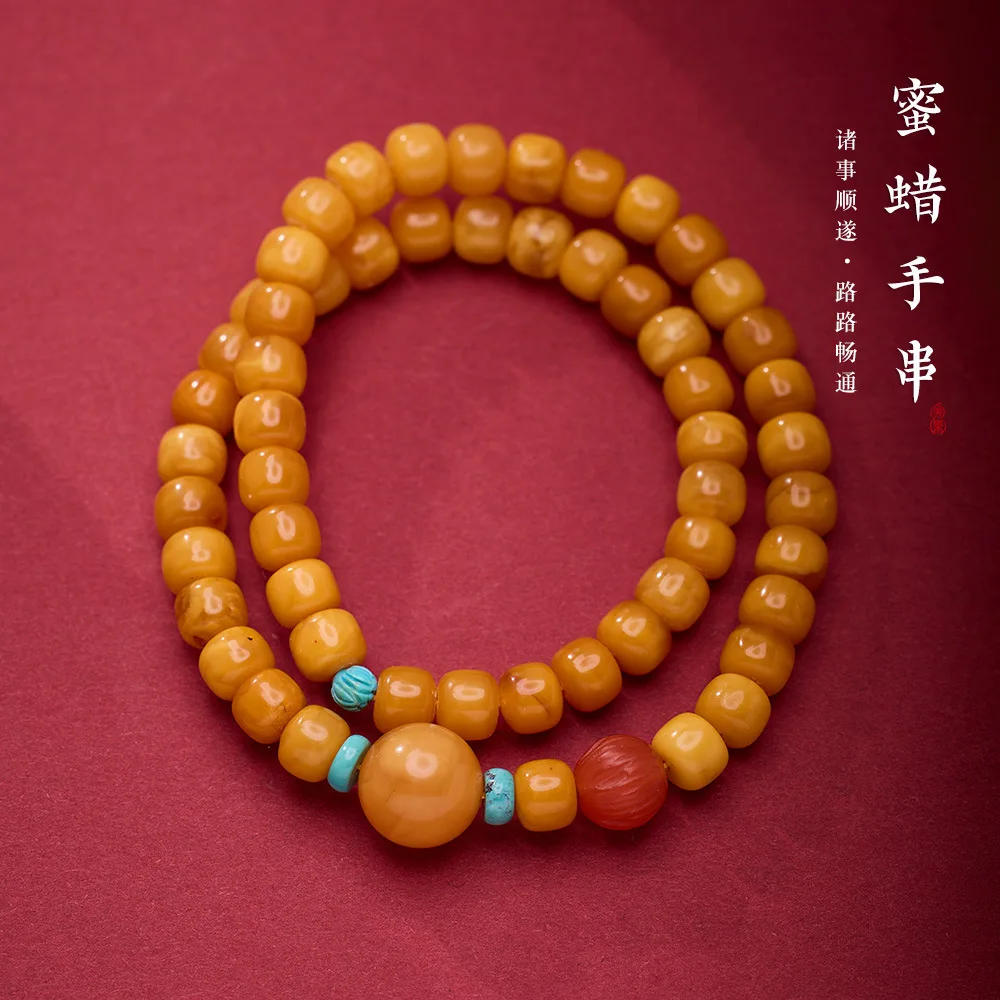 Natural Old Beeswax Bracelet Chicken Oil Yellow Amber Beaded Prayer Beads for Meditation Gifts