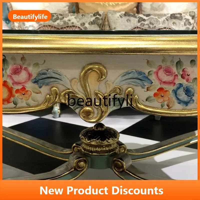 B567 b33 Luxury French heavy industry hand-painted rose carving shape beige coffee table corner table