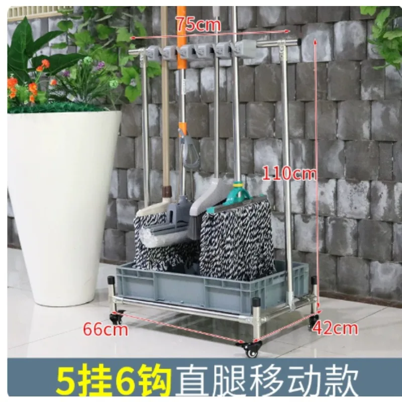 Stainless Steel Mobile Mop Rack with 5-6 Hooks, No Punch Wall Mount Mop Holder for Bathroom Kitchen Storage