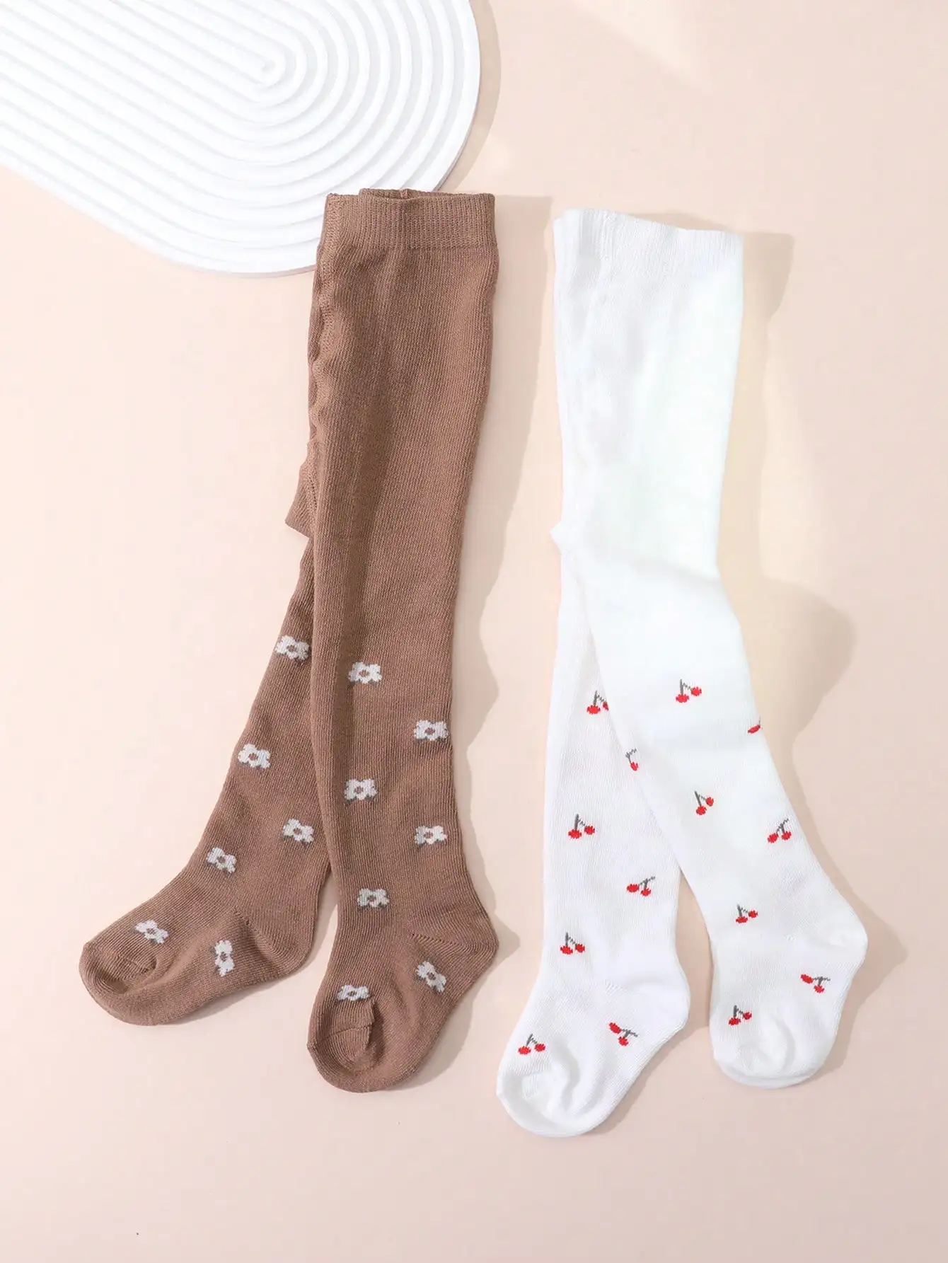 2 Pairs Baby Girls Knit Tights Cherry Floral Print Soft Elastic Cotton Pantyhose Toddler 0-2Y Spring Autumn Daily Casual Outfit