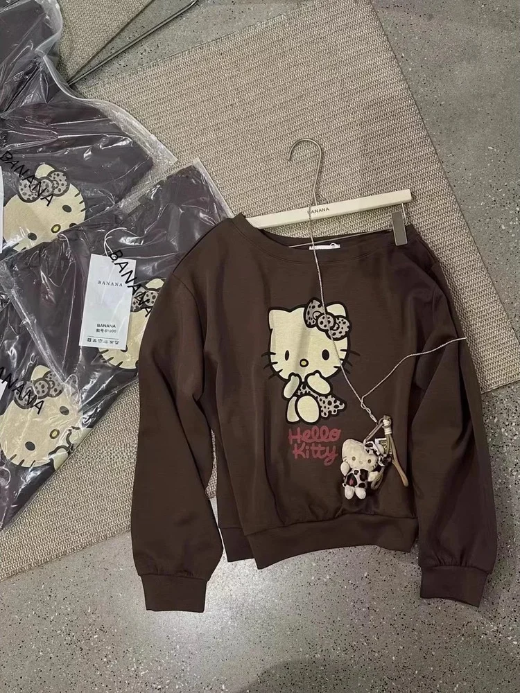 Felpa Casual con Stampa Cartoon, Spalle Scoperte, Stile Dongda Gate, Novità Inizio Autunno 2025, Moda Femminile