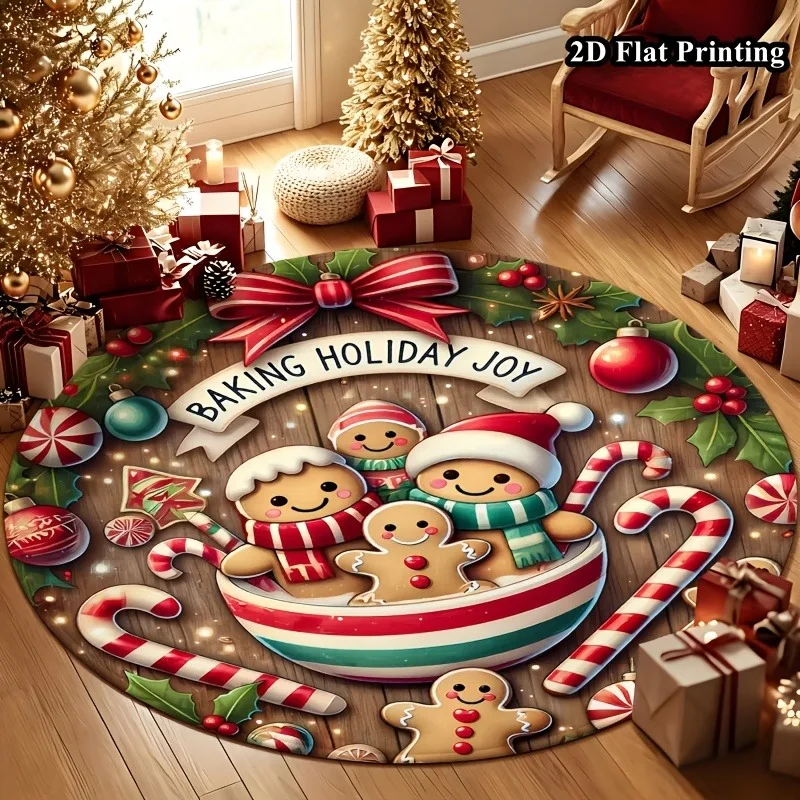 Gingerbread Holiday Round Rug cookie men candy cane holly wood slice baking joy kitchen decor 80x80cm