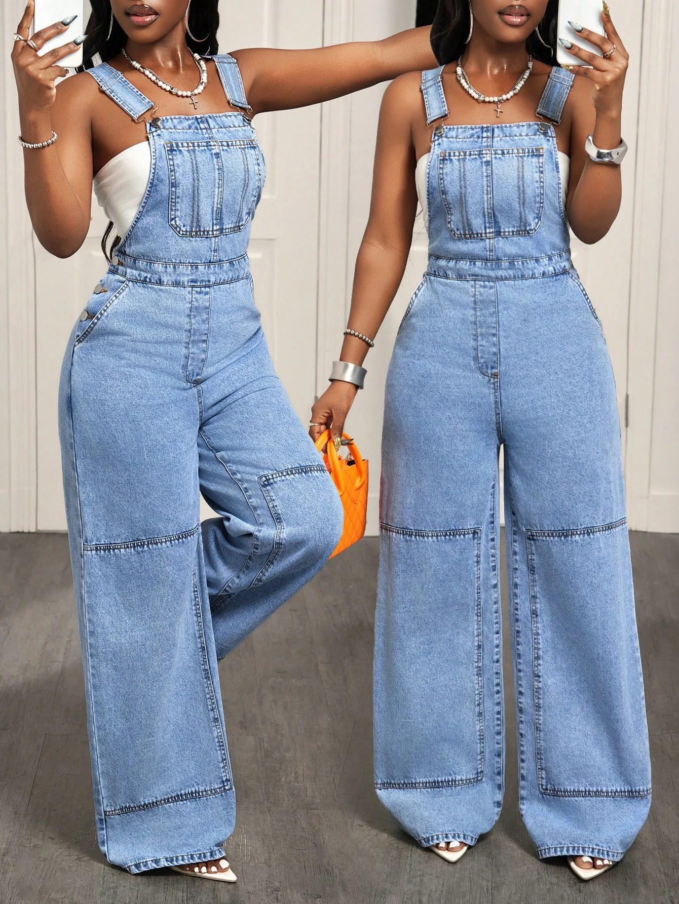 Women Classic Blue Denim Overalls Fashion Large Pocket Spliced Jumpsuit European Trend Streetwear Cool Girls Outfit Jeans
