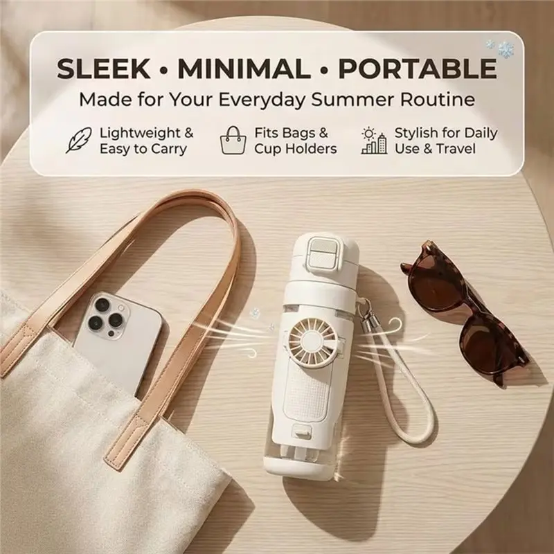 AB41-2-In-1 Water Bottle With Foldable Fan & Straw For Gym Fitness, Outdoor, Travel, Portable Dual Drinking Fan System White