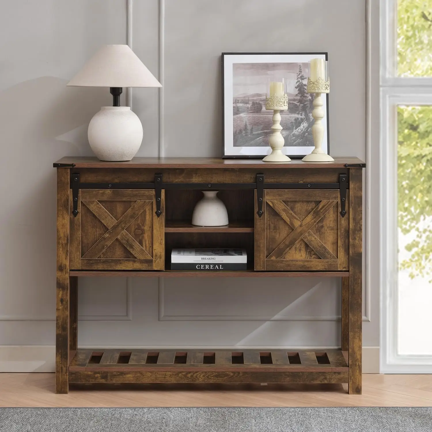 

Table with Sliding Barn Doors, 43 Farmhouse Console Table with Storage Shelf, Behind Couch Sofa for Hallway, Entryway,