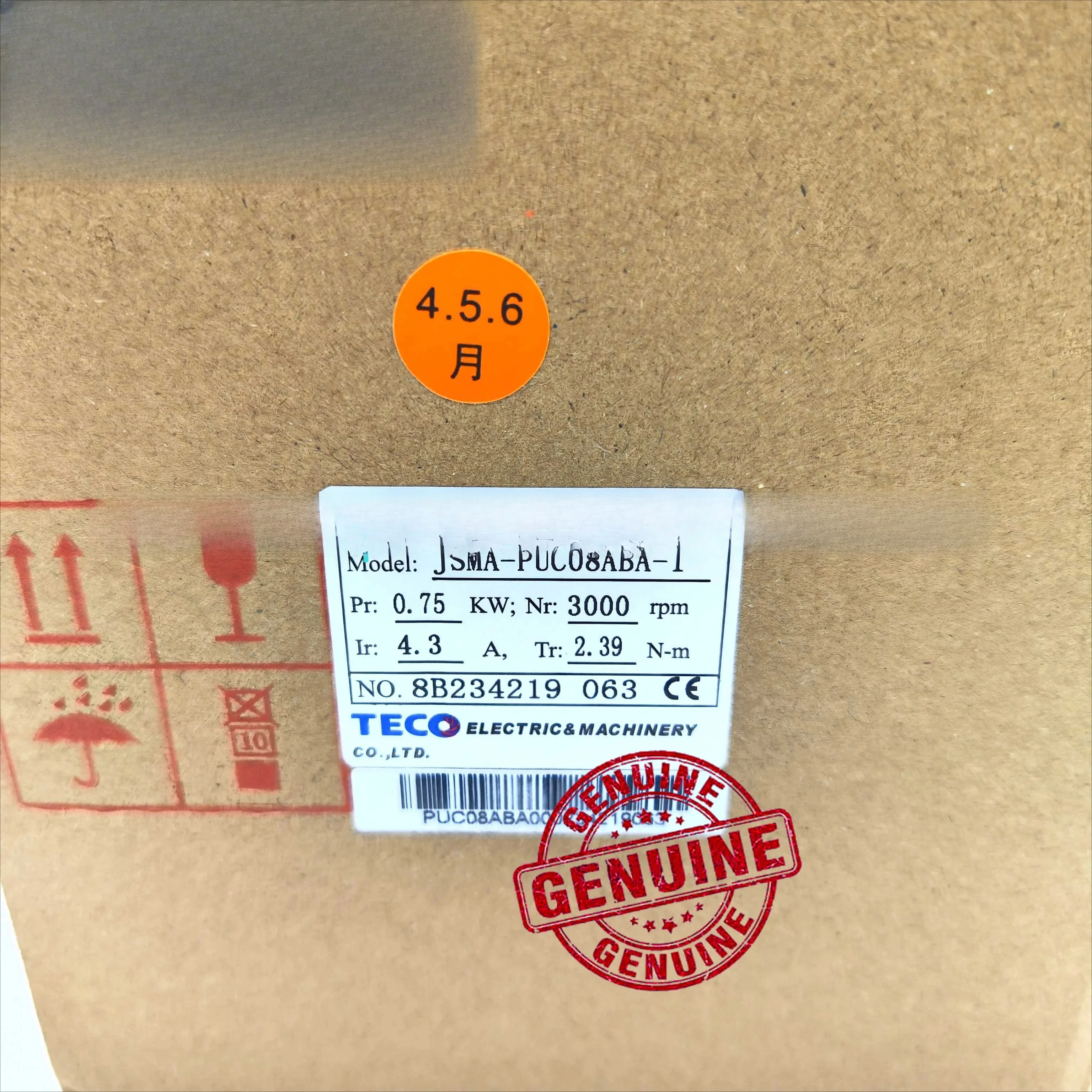 TECO JSMA-PUC08ABA for 750W AC 220V Servo Motor 3000 RPM 2.39 N·m Torque 4.3A 2500 PPR Encoder Compatible with JSDEP-20A