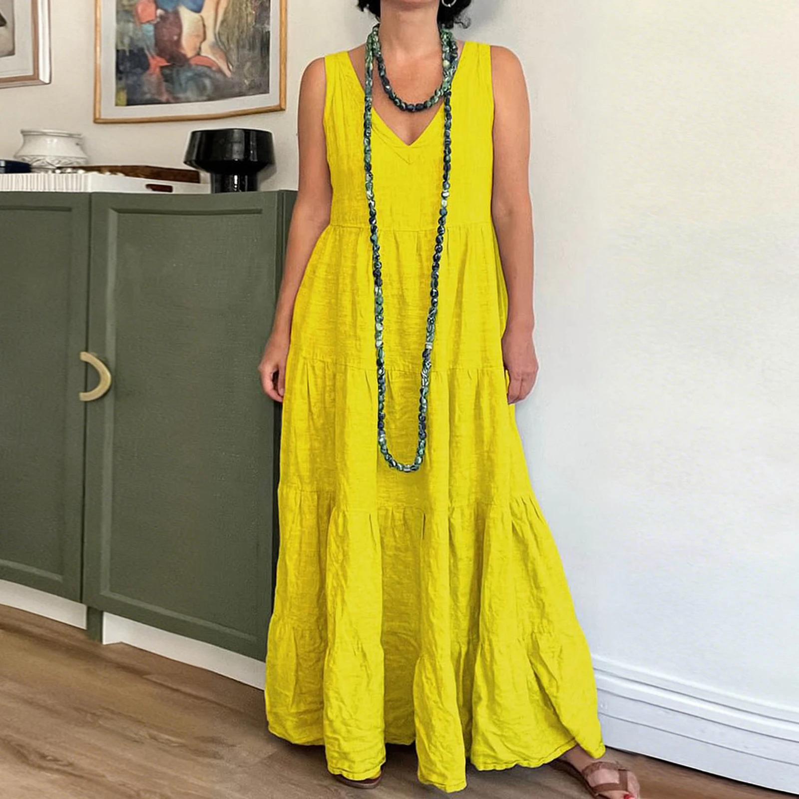 Été mince respirant couleur unie Boho plage jupe longue à la mode Baggy Boho plage col en v sans manches robe Maxi