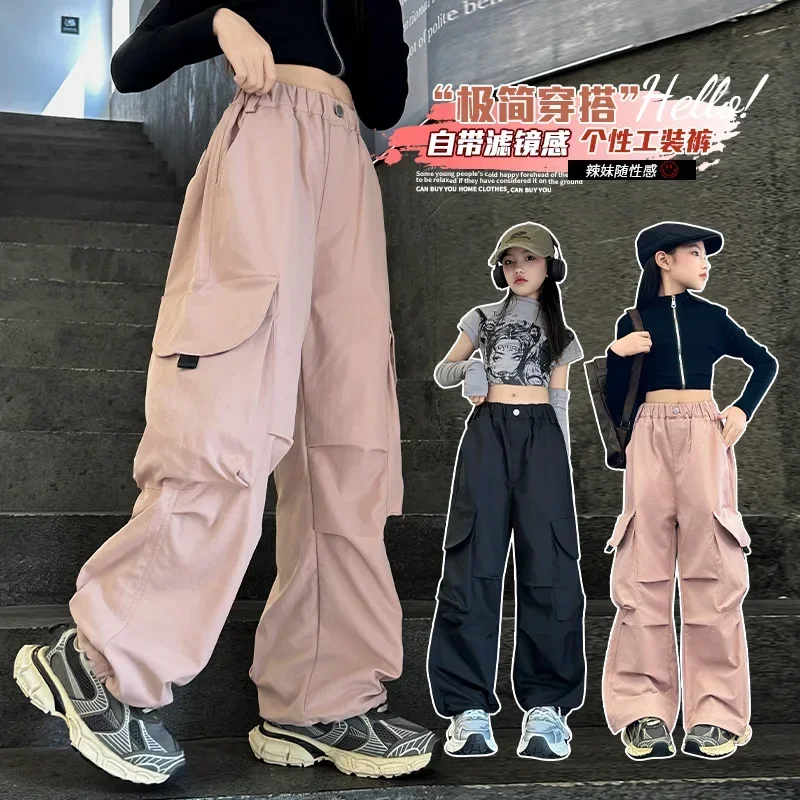 

7-15 Years Old2025 Spring And Autumn 7-15 Years Old Fashion American Overalls Wide-leg Pants Big Pockets Loose Casual Hip-hop