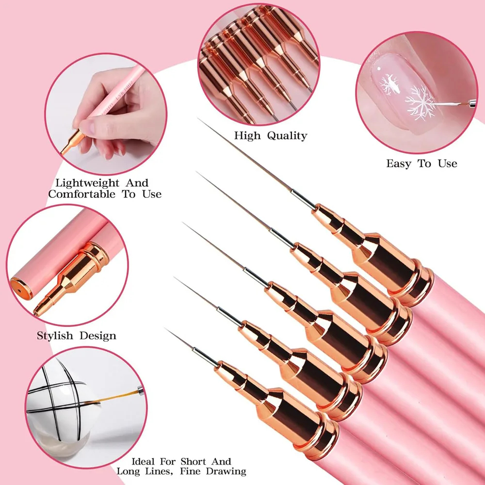5Pcs/Set French Nail Art Liner Painting Brush 7/10/12/15/20mm Dotting Drawing Pens Lines&Stripe&Flower Painting Manicure Tools #