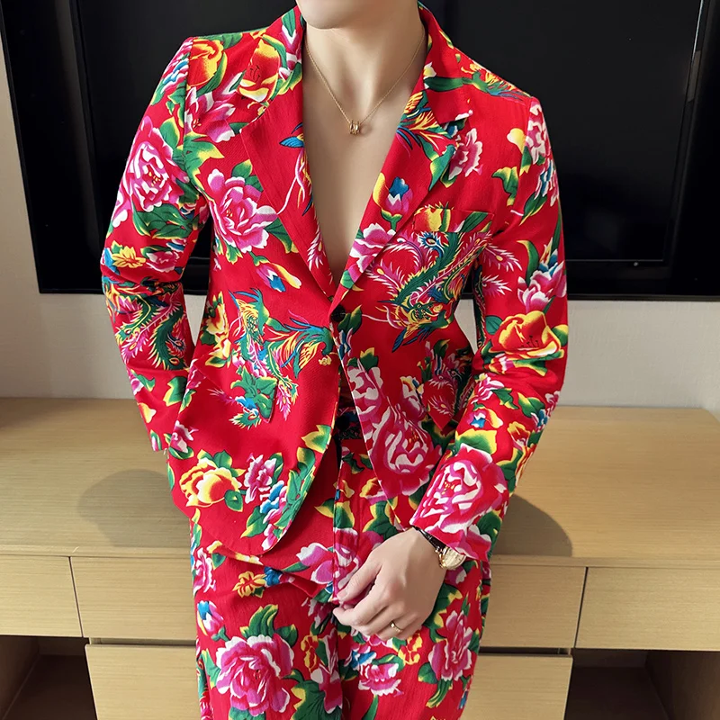 Retro Men's Black Printed Two-Piece Suit, Single Button V-Collar Cotton Jacket with Trousers. Available in White, Red, and Blue.