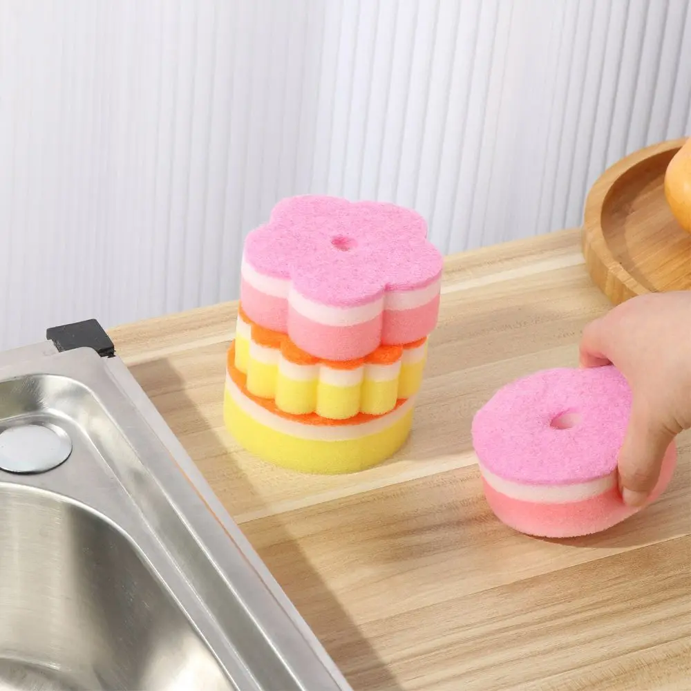 Kitchen Random Color Wash Dishes Sponge Sponge Brush Scouring Pads Flower Dishwashing Sponge Round Shape