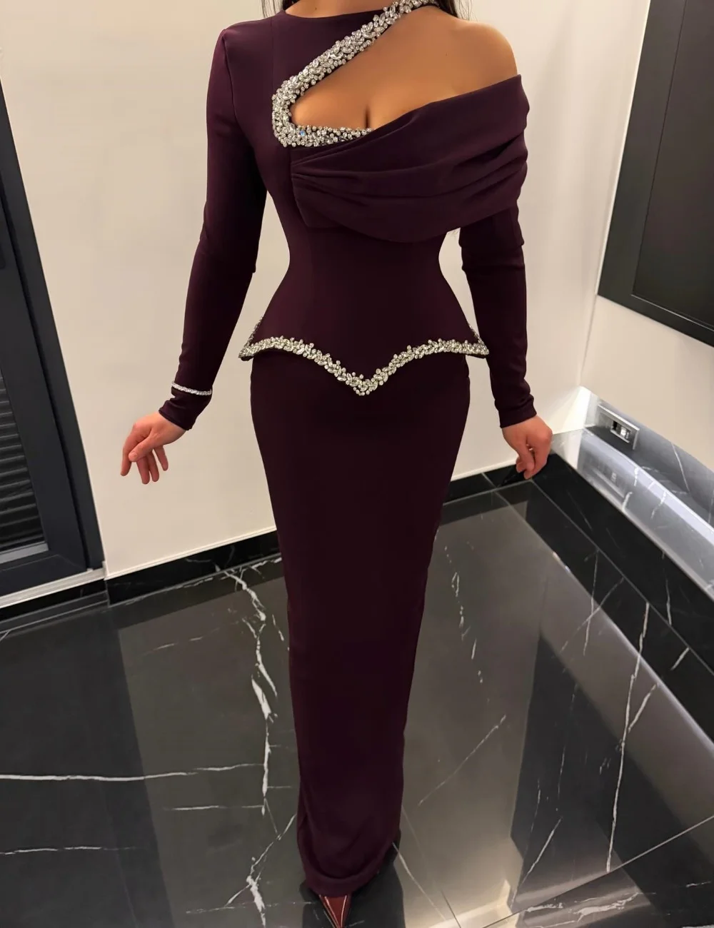 

Customized Sexy Modest Jersey Pleat Rhinestone Sheath High Collar Long Dresses Evening Dresses for Woman Sizes Available Pastrol
