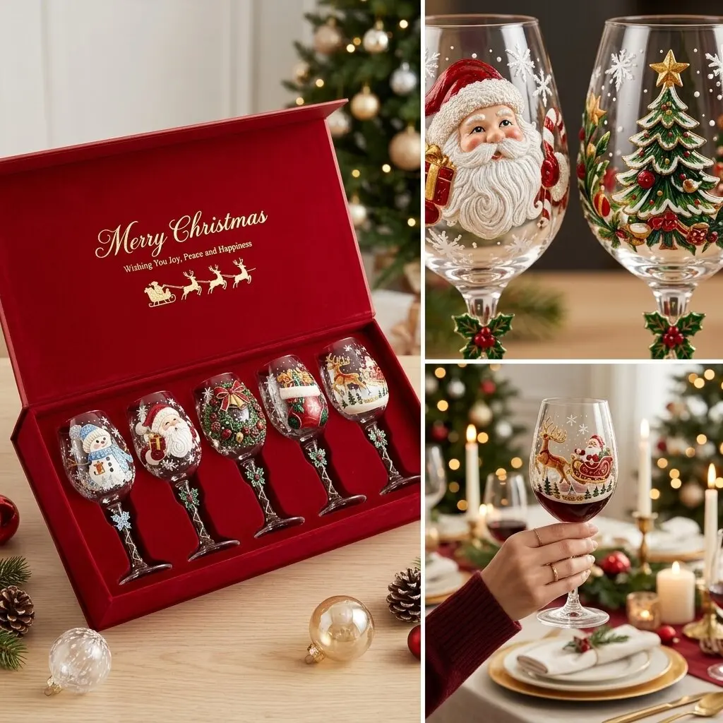 Festive Stemware Holiday Themed Stemmed Wine Glasses Holiday Goblets Classic Glass Drinking Cups For Holiday Gifting Friend Get
