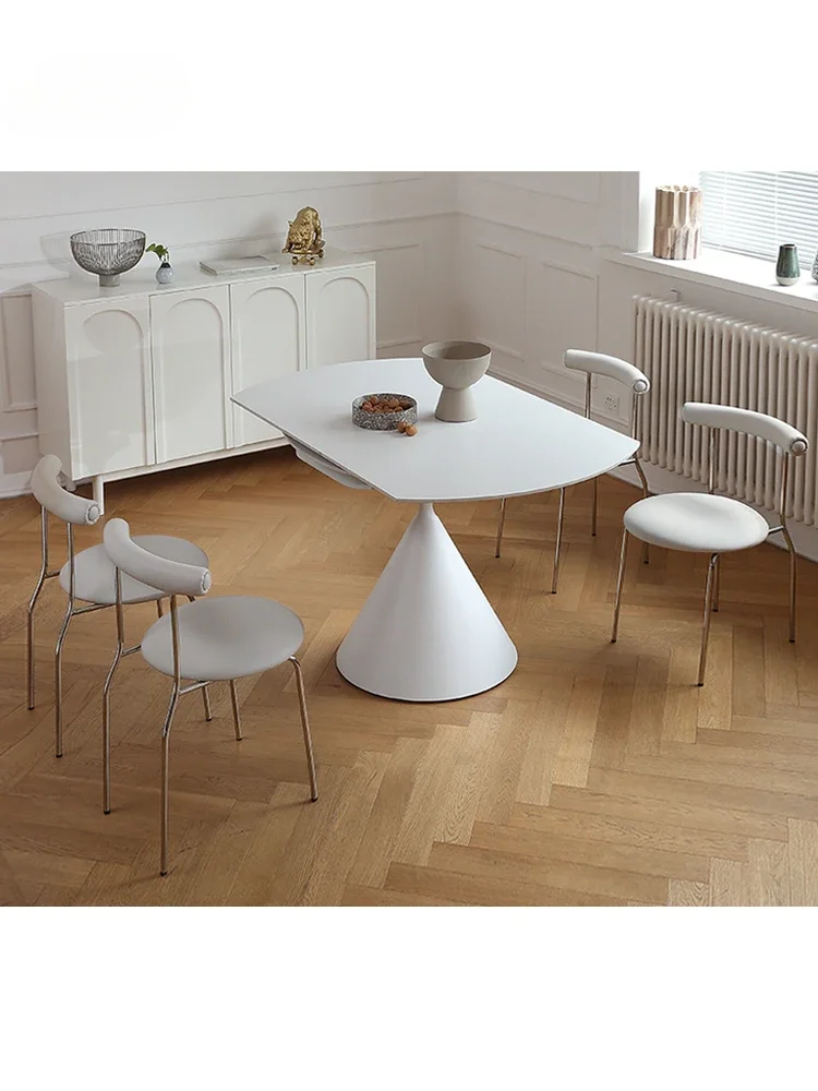 Cream Style Pure White Matte Rock Plate Dining Table Rotating, Expanding, Folding, Waltz Table Square and Rounding